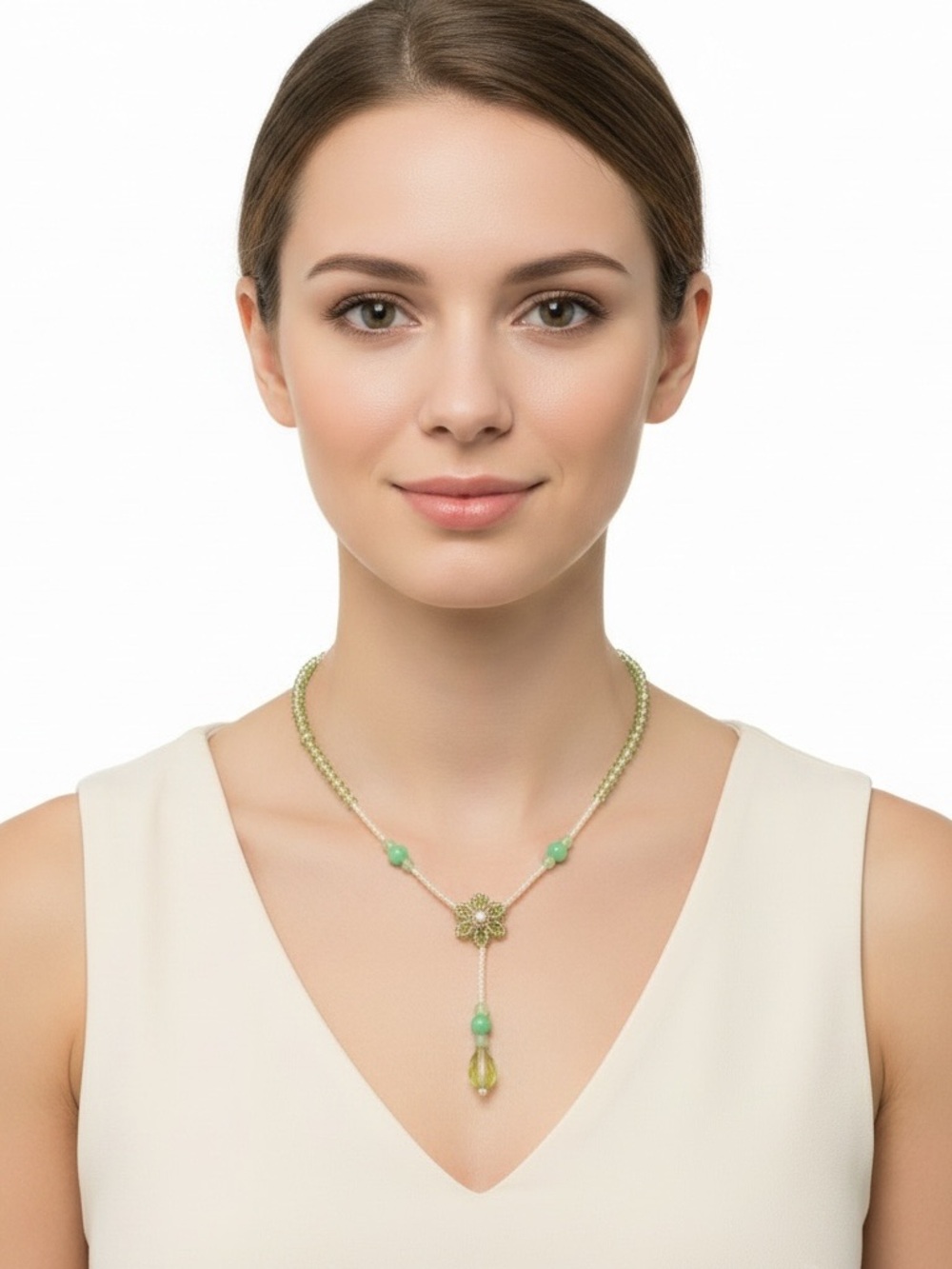 Delicate Green Beaded Floral Lariat Necklace